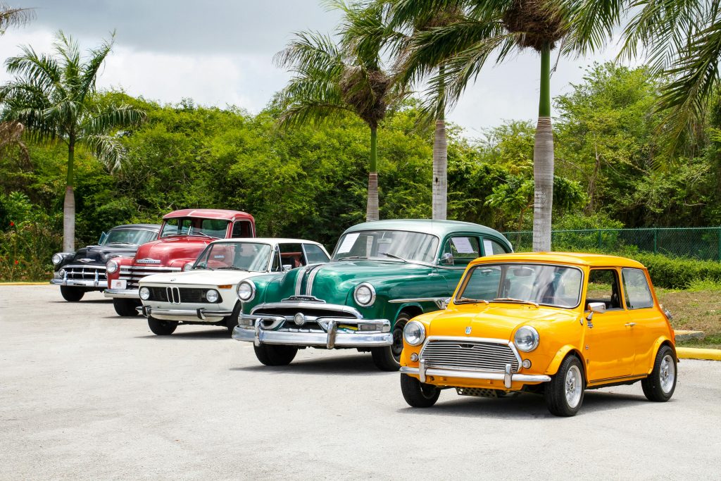 pexels-photo-1280560-1280560 A lineup of vintage cars parked outdoors surrounded by palm trees on a sunny day.